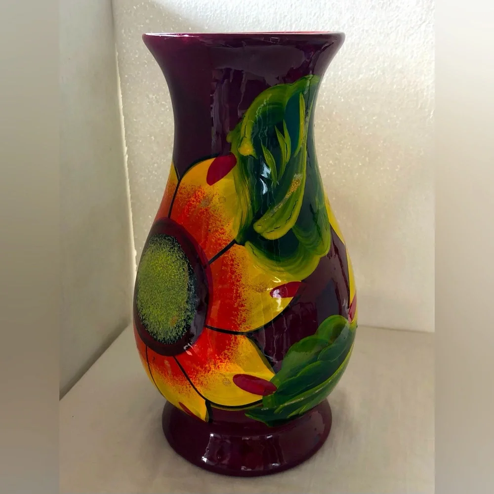 Mexican Folk Art Clay Pottery Vase Hand Painted Bright Flowers & Leaves